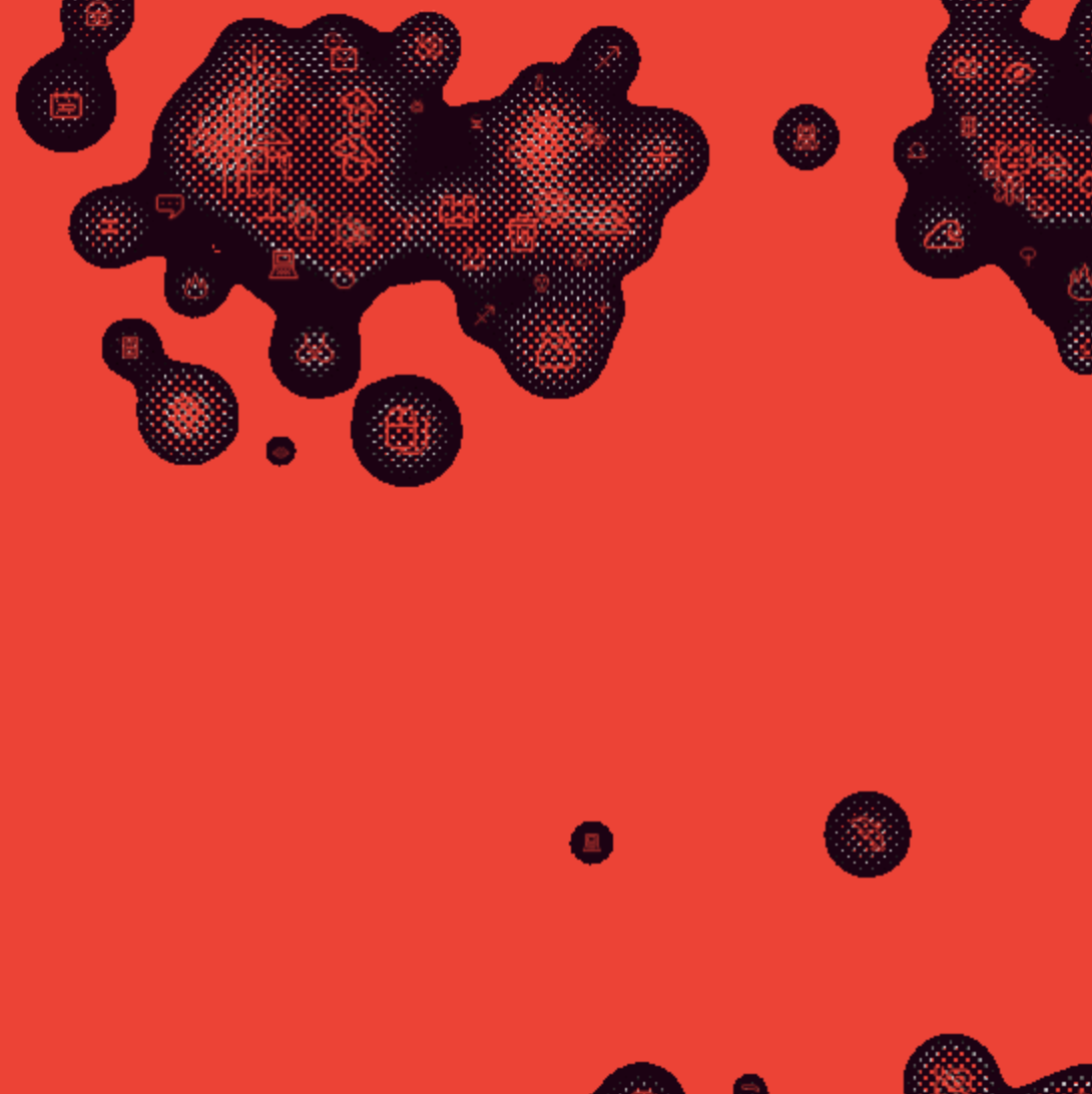A red background with a number of pixelated black circles and amorphous blobs, with various icons of animals, objects, and vegetables inside them.