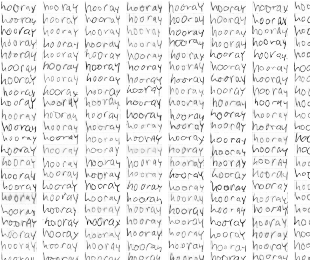 The word 'hooray' in different handwriting repeated over and over.