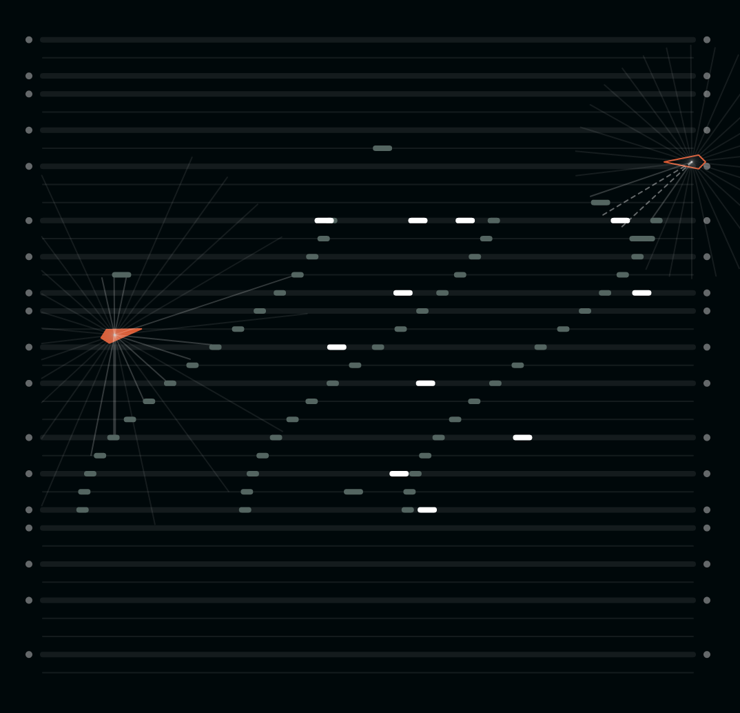 A black screen is separated by gray lines, with gray dots on some lines forming three curvy lines, while there are other white dots randomly placed throughout the grid. At the edges of the screen are two orange triangular 'agents' with gray lines emerging from them, which indicate when they have detected a 'dot', which they will try to eat.